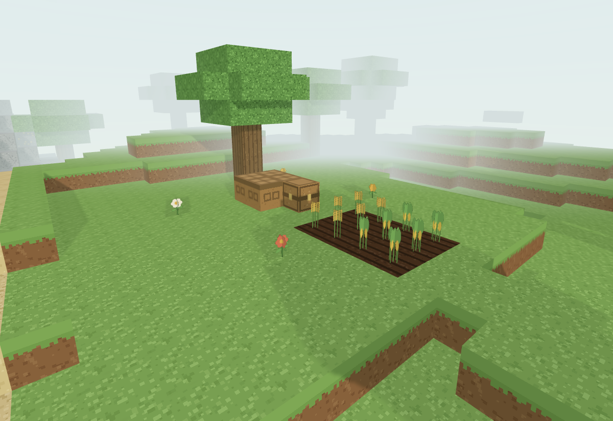 Craft gameplay: a thriving 3D farm with a full-grown crop field, an apple tree, a workbench and a chest