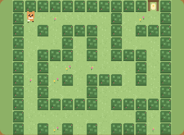 Maze gameplay: a pixel-art fox wandering a hedge maze in the park world